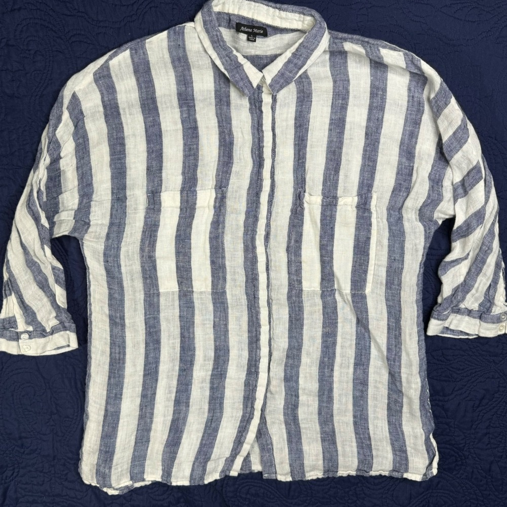 Athena Marie Womens Blue White Stripe Linen Button‎ Down Shirt Top Large